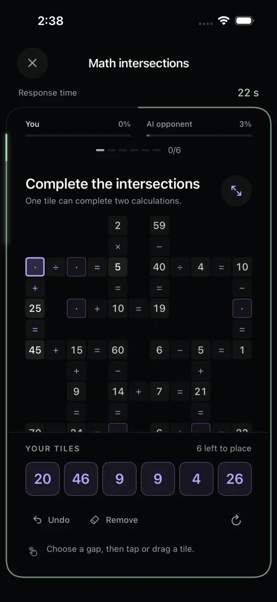 Dopally's native Math Intersections challenge with an arithmetic grid and number tiles, shown in English